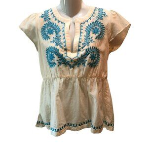 Theme Womens Medium Ivory Floral Embroidered  Flutter Sleeve Boho Top Shirt Sz M